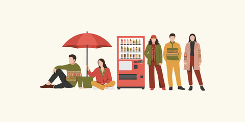 Vector illustration of a stylish group of diverse young friends relaxing and socializing together outdoors by a red vending machine