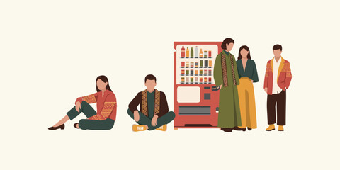 Diverse group of people interacting near a modern vending machine, showcasing everyday life and social connection