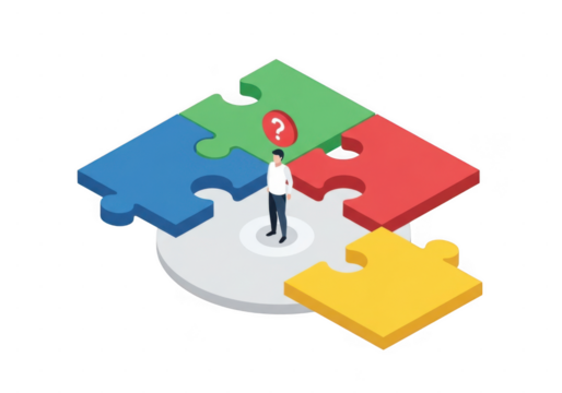 Confused person standing on incomplete colorful jigsaw puzzle isolated on transparent background