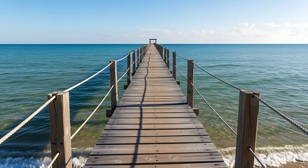 Obraz premium Wooden pier extending into the calm blue ocean under a clear sky.