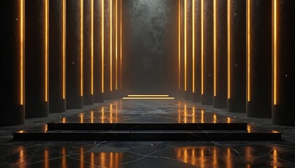 Fototapeta premium Dark stage design with columns. A corridor of pillars glows with neon light on runway platform. Elegant perspective interior with marble floor gives luxury feel to fashion event or show.