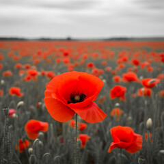 Obraz premium Red poppies blooming in a peaceful open field under soft daylight, symbolizing World War remembrance and honoring fallen soldiers on Armistice or Remembrance Day, conveying respect, sacrifice, and pea