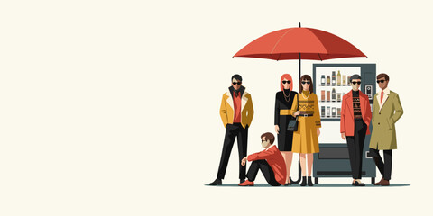 Stylish People Standing by a Vending Machine Under an Umbrella