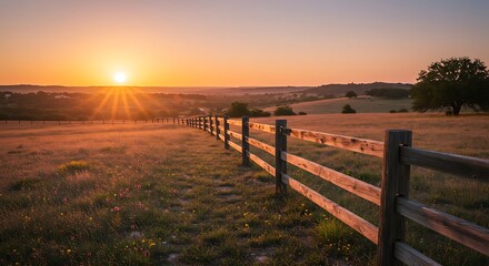 Fototapeta premium Golden Sunrise Over a Rustic Wooden Fence in a Rolling Meadow.