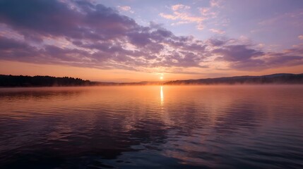 A serene sunrise over a misty lake with dynamic orange and purple sky reflections