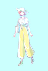 外出する女性　笑顔　夏　パンツ