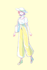 外出する女性　笑顔　夏　パンツ