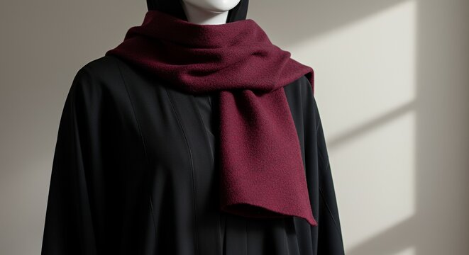 A mannequin wearing a black abaya and a maroon hijab scarf draped around its neck.