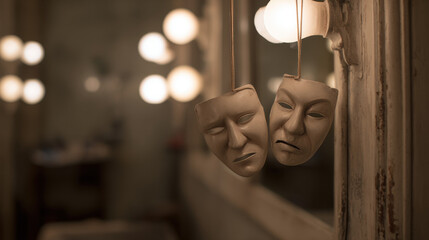 Comedy and tragedy masks hanging before a vintage dressing room mirror in a dim backstage setting. event programs.