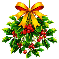 Christmas Mistletoe with Red Berries and Ribbon Illustration for Holiday Decoration Design on transparent background
