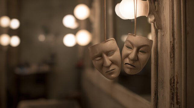 Comedy and tragedy masks hanging before a vintage dressing room mirror in a dim backstage setting. event programs.