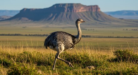 Greater Rhea Strutting in South American Pampas with Mountain Backdrop.