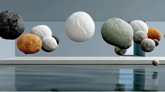 Abstract composition of textured spheres in a serene environment, showcasing a gradual elevation of shapes above water surface, with a smooth camera pan capturing the scene's evolution and depth