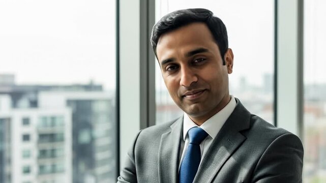 Professional Businessman Posing in Office with Window Background Smiling.