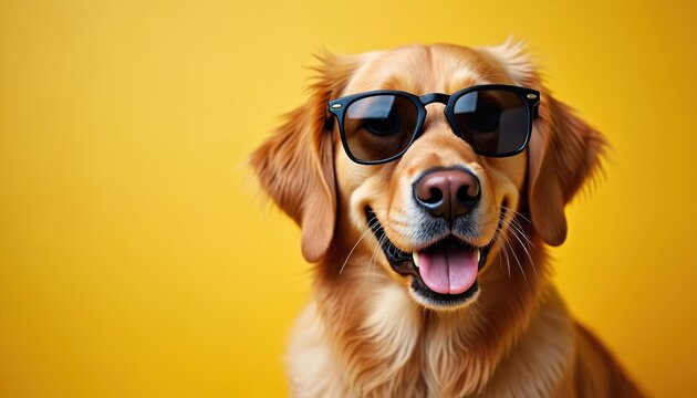 Golden retriever dog wears black sunglasses. Happy pet animal smiles with tongue out on yellow background. Cute canine wears stylish eyewear for fun.