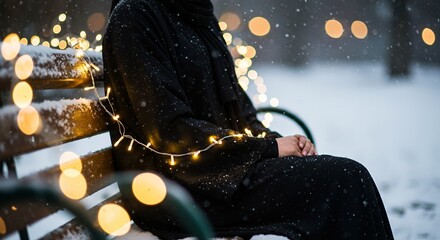 Woman in black dress sitting on a bench with Christmas lights in the snow.