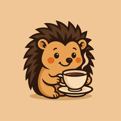 Cute Hedgehog Sipping Tea in Cozy Cup - Adorable Tea-Drinking Hedgehog Illustration, Whimsical Animal Character Enjoying Hot Beverage, Cartoon Spiky Pet with Teacup