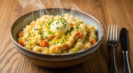 Hearty Belgian Stoemp with Carrots or Leeks &ndash; Rustic Ceramic Bowl, Woolen Blanket & Wooden Spoon in Cozy Farmhouse Light
