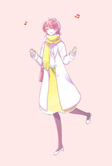 外出する女性　笑顔　両手で握りこぶしを作る　はしゃぐ　冬