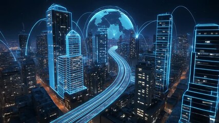 Global smart city network connectivity futuristic data flow over urban skyline - Powered by Adobe
