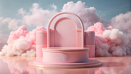 minimal display podium for product presentation with clouds in the sky