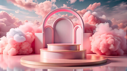 abstract background, round podium for product presentation with smoke, clouds and arch, minimal scene