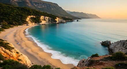 Stunning Coastal Landscape with Golden Sand Beach and Turquoise Sea at Sunset.