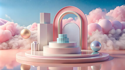 abstract minimal scene with podiums, pedestals and clouds in the sky