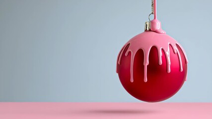 Vibrant red ornament with pink icing drips swings gently against a soft blue background, showcasing a delightful holiday decoration, camera pans smoothly to capture the festive essence