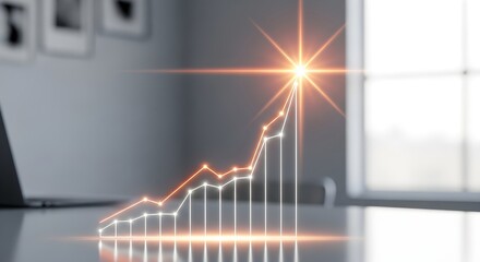 Glowing digital growth chart with shining success peak in office