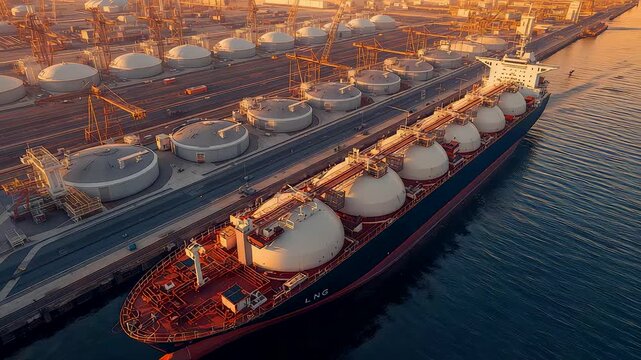 Liquefied natural gas tanker docked at industrial port terminal during sunrise, global energy trade and maritime transportation industry concept