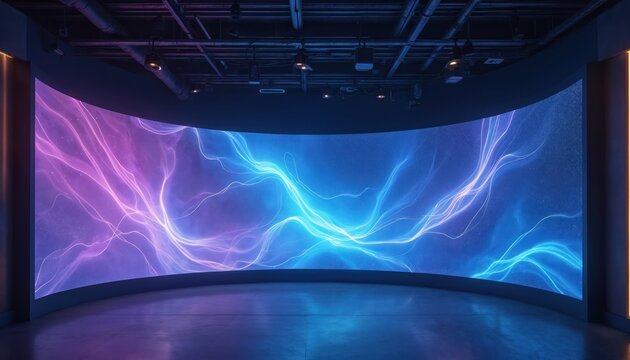 Curved screen displays abstract digital motion graphics with pink and blue light effects. Modern room interior with concrete floor and ceiling pipes, perfect for tech or business backgrounds.