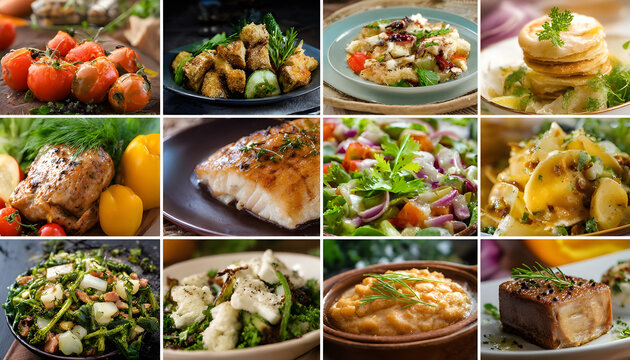 Collage of food in the dishes. A variety of food, vegetables, chicken, close-up and top view. Options for dishes