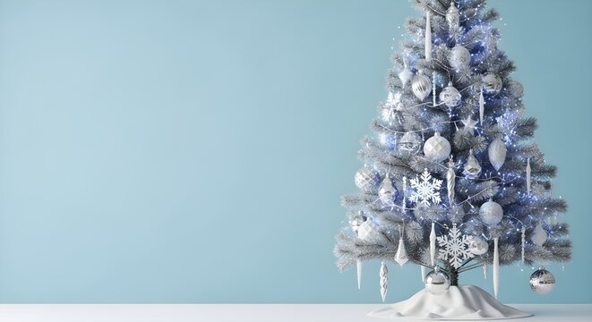 Elegant White and Silver Christmas Tree on Pastel Blue Background