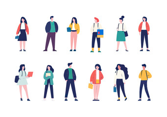 Diverse group of business people standing in casual and professional attire holding folders bags and coffee in flat minimalist style vector illustration