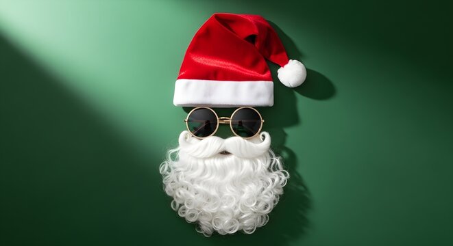 Cool Santa Claus with Sunglasses and White Beard on Green Background