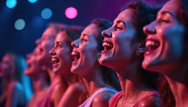 Group of happy women singing together with open mouths, illuminated by stage lights. Their joyful expressions suggest a vibrant performance or celebration in a concert hall.