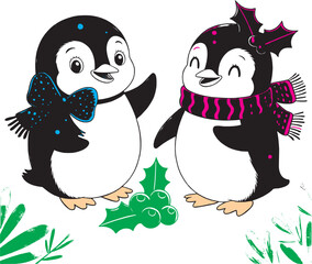 Adorable penguin couple illustration with scarves, winter holiday design.