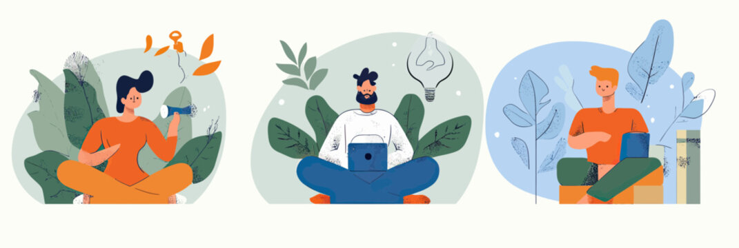 Meditating diverse people practicing mindfulness and relaxation with nature plants calm peaceful mental hygiene concept vector illustration flat style