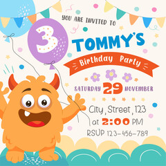 Fototapeta premium little monster birthday party invitation square card, celebration, template, vector illustration 