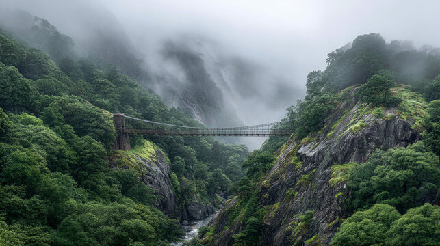 Suspension bridge spanning a misty gorge surrounded by lush vegetation