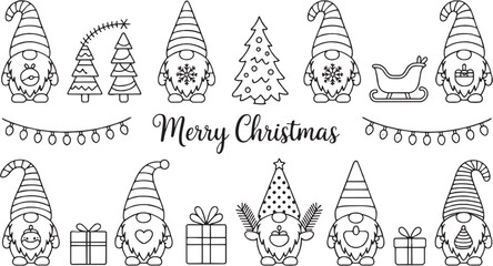 Cute Christmas gnome illustrations with gifts and holiday trees.