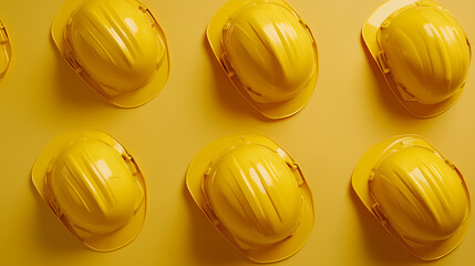 A monochromatic arrangement of yellow safety helmets. The design showcases repetitive patterns, perfect for backgrounds and designs needing a uniform yet striking element. Safety first!