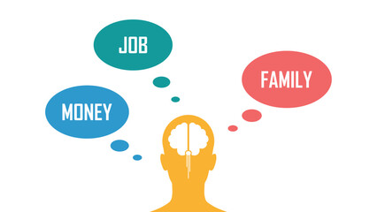 Human brain thinking about job family and money, work life balance, mental harmony, adult psychology