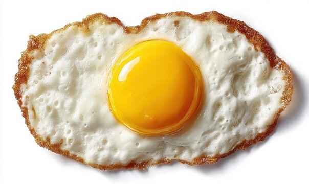 Top down view of a single sunny side up fried egg with a bright yellow yolk and crispy golden brown edges on white