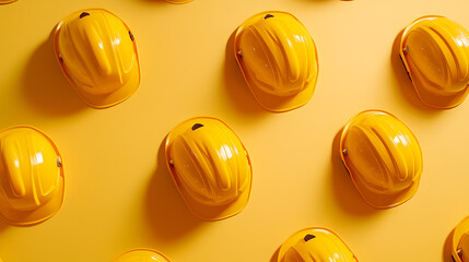 A pattern of vibrant yellow hard hats arranged on a matching background, creating a visually striking and uniform composition for safety and industrial themes.