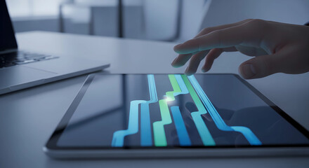 Confident professional analyzing dynamic financial charts on tablet, showcasing data insight and strategic planning for business growth.