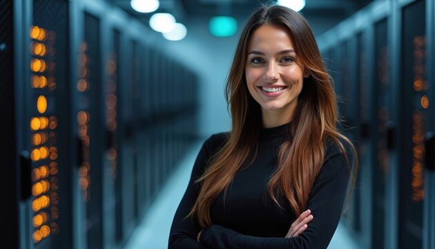 Smiling young woman stands in data center server room. Female IT expert or businesswoman poses with crossed arms. Confident pro in tech industry. Innovation and future concept.