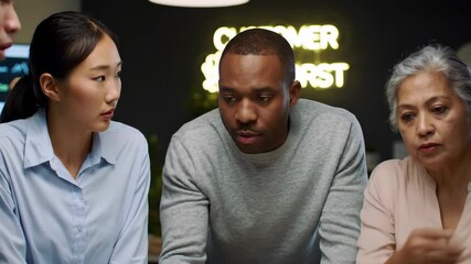 Diverse team discussing at office with customer neon sign in background for business - Powered by Adobe