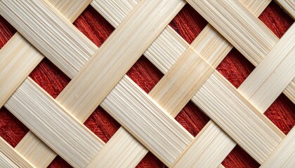 Diagonal woven bamboo pattern over red textured background.